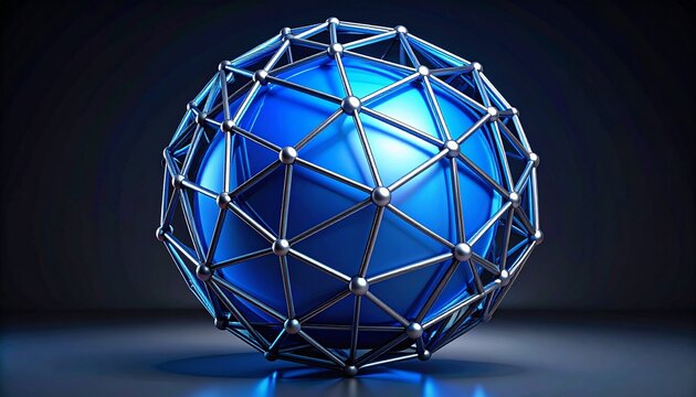 Metallic polyhedral framework encasing glossy blue sphere, symbolizing geometry, technology, and innovation through structural precision and aesthetic contrast.
