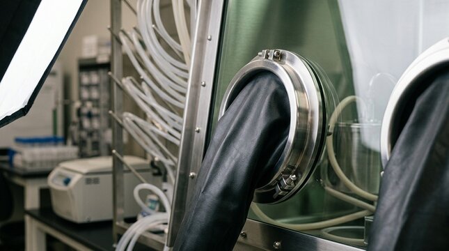 Biological isolator glove port with attached gauntlet gloves, the stainless steel ring seal and rubber glove material visible in studio light - Biotech Laboratory Stock Photo, No People