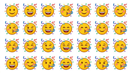 Fototapeta premium Collection of happy yellow emoji faces with confetti and streamers.