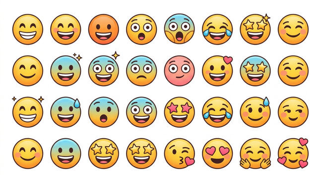 Collection of diverse emoji faces expressing various emotions and feelings.
