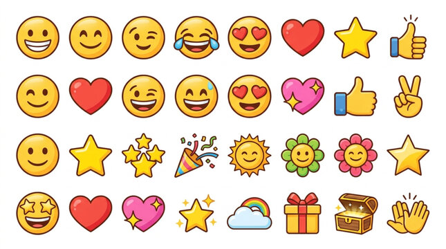 Collection of colorful emoji icons and symbols for communication.