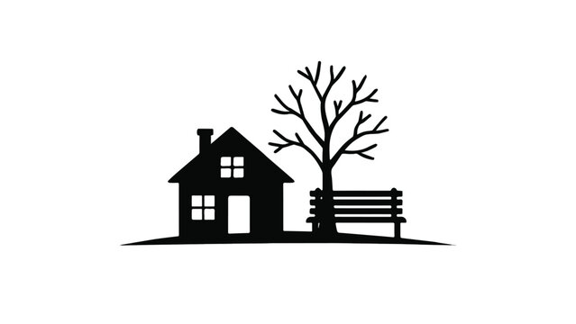 Silhouette of a house and tree at sunset with vibrant orange and dark shadows creating a peaceful outdoor scene