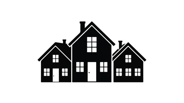Modern dark silhouette of cozy houses with illuminated windows in nighttime urban scene with clear sky and glowing moon