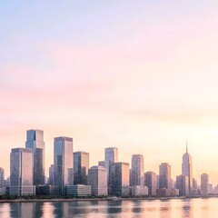 Fototapeta premium Modern city skyline with skyscraper reflections on water surface at sunset, beautiful pastel pink sky over waterfront corporate district, smart city business concept.