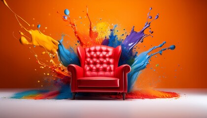 Fototapeta premium colorful splashes surround a red chair against an orange backdrop