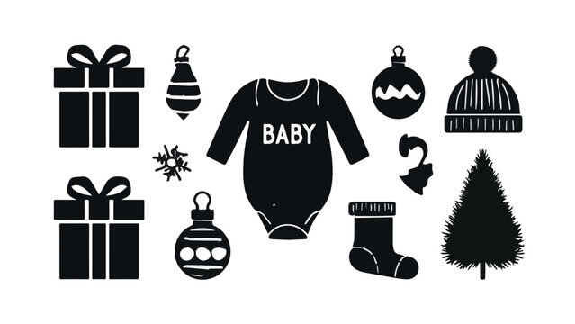 Cute baby clothing and holiday decorations set with gifts stockings and Christmas tree in black and white