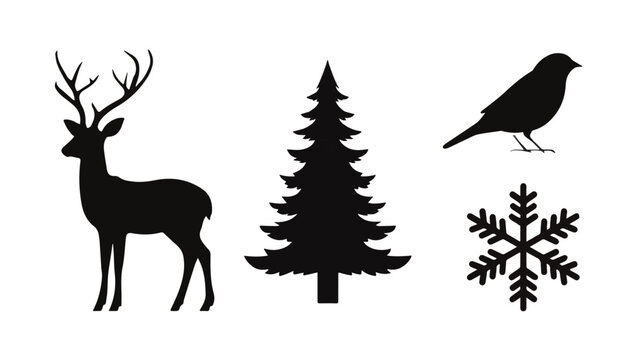 Silhouette winter forest scene with deer pine tree bird and snowflake in dark silhouette style for seasonal holiday themes