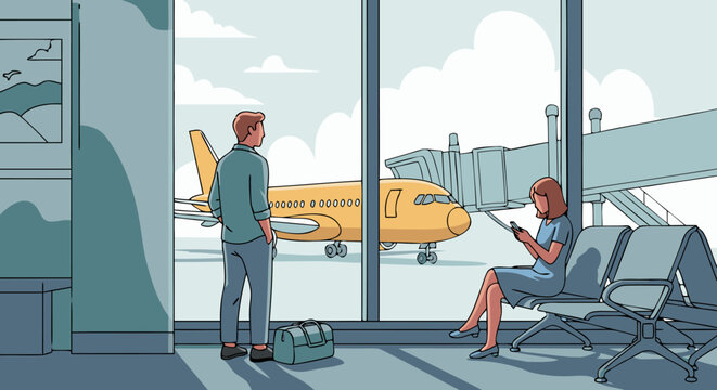 People waiting in airport terminal with yellow airplane outside, vector illustration