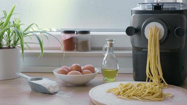Making fresh homemade noodles with an electric pasta maker in a modern home kitchen
