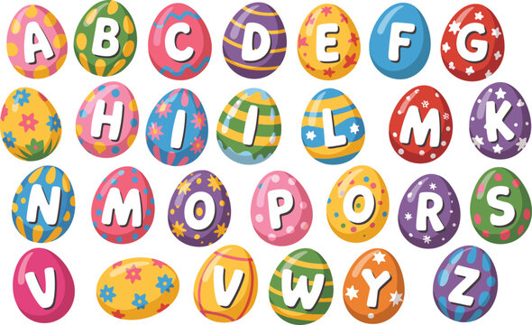 Easter egg alphabet set with letters, colorful cartoon spring holiday education vector illustration.