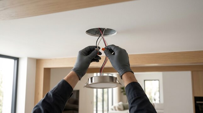 Professional electrician installing a recessed ceiling light fixture with electrical wiring and connectors in a modern home