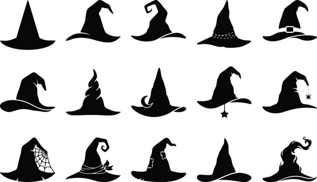 Halloween witch hats collection black silhouettes for spooky decor and design