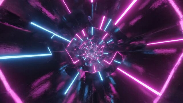 Abstract tunnel with pulsing neon lights in blue and pink. Dark, textured walls guide the viewer inwards at high speed. Futuristic motion background loop.