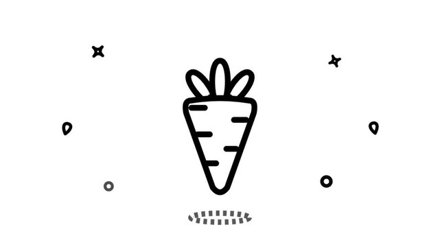 Simple black and white line drawing of a carrot with surrounding stars and circles, minimalistic style for design or decoration purposes.