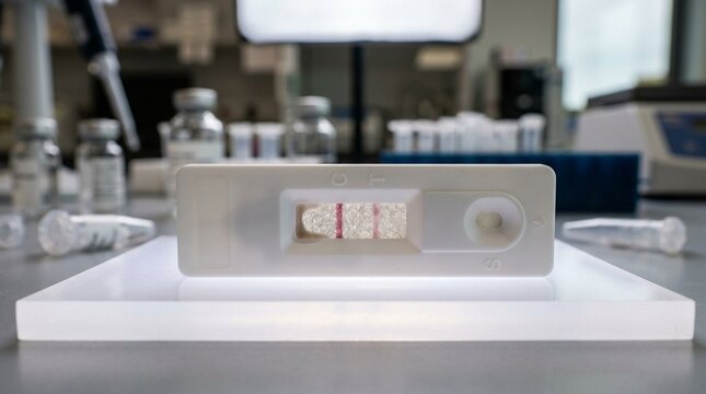 Lateral flow immunoassay developing visible test and control lines, the strip progressively wicking buffer, fine membrane texture in sharp focus - Biotech Laboratory Stock Photo, No People