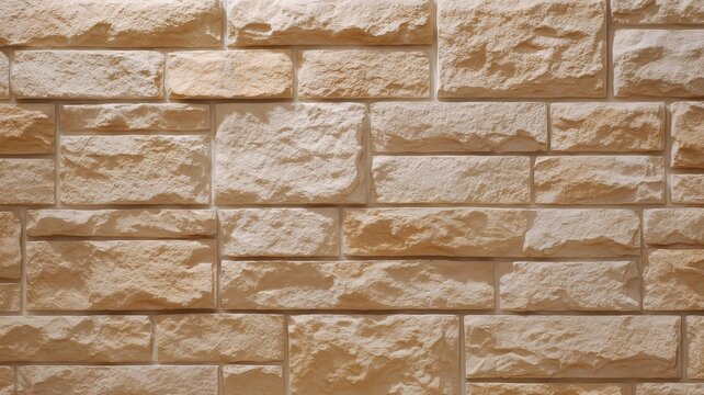 Textured tan brick wall patterned in neat rows. AI generated