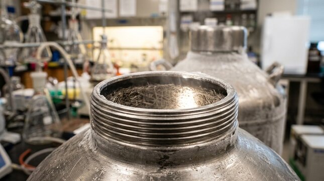 Vapor-phase liquid nitrogen dry shipper vessel neck opening, fine stainless steel threaded ring and absorbent material visible - Biotech Laboratory Stock Photo, No People