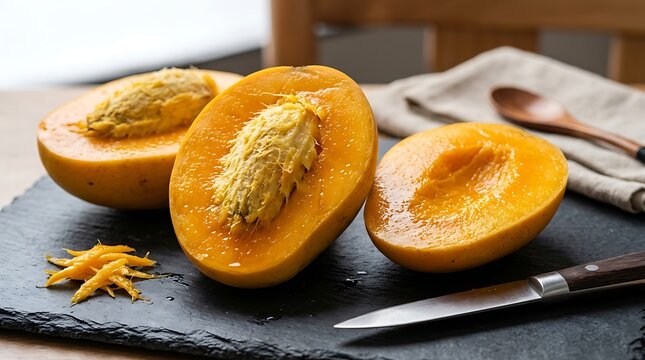 Fresh mango halves on a black slate board with a knife and spoon