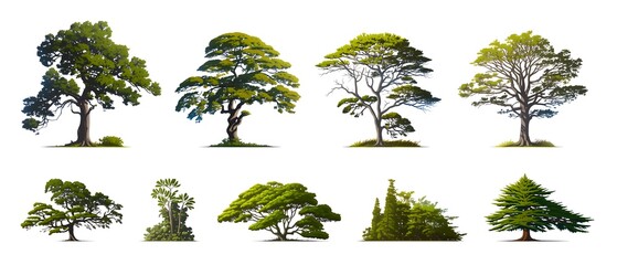 Fototapeta premium Collection of diverse trees in an illustration, showcasing various shapes and sizes of deciduous and evergreen foliage