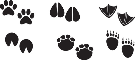 Obraz premium Animals footprint tracks. Paw prints, feet and claws eagle, raccoon and fox, deer and frog, duck and elephant penguin and chicken horse, hedgehog bear sheep cat dog stamp. Black foot trace vector set