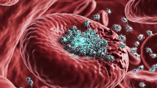 Microscopic view of red blood cells under attack by numerous small viral or bacterial pathogens. Shows damage to cells and spreading infection within the bloodstream.