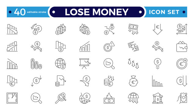 Lose money and Financial Growth Outline Icon Set with Profit, Income, Investment, Currency, Banking, Statistics, and Business Performance Symbols. Editable stroke outline icon.