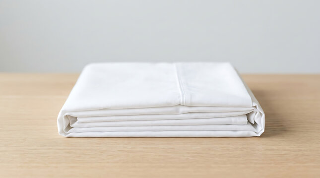 Neatly folded stack of crisp white cotton sheets on a wooden surface