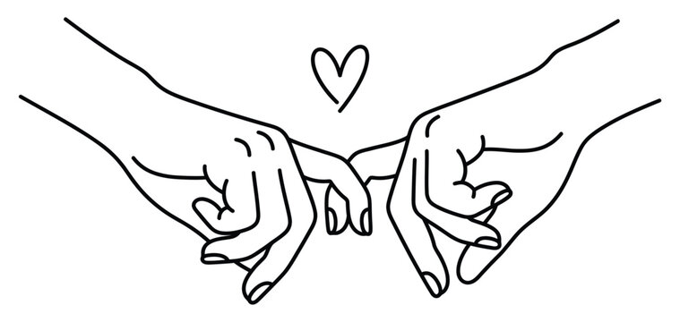 Line art of two hands crossing index fingers with tiny heart shape, romantic minimalist vector illustration