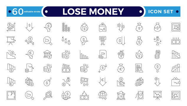 Lose money and Financial Growth Outline Icon Set with Profit, Income, Investment, Currency, Banking, Statistics, and Business Performance Symbols. Editable stroke outline icon.
