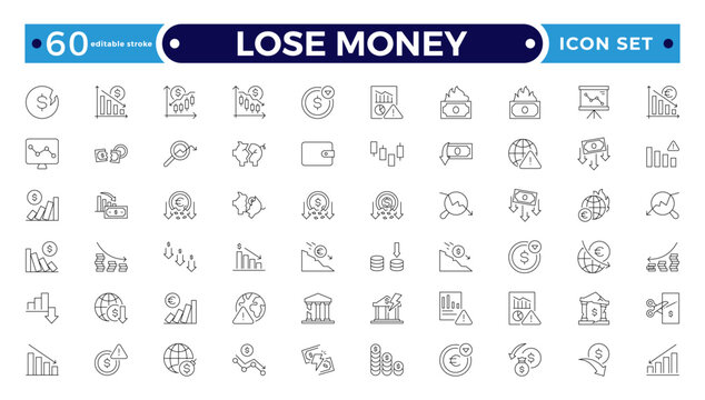 Lose money and Financial Growth Outline Icon Set with Profit, Income, Investment, Currency, Banking, Statistics, and Business Performance Symbols. Editable stroke outline icon.