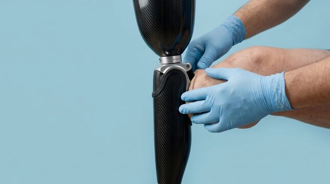 Close-up of a medical professional fitting a modern carbon fiber prosthetic leg to a patient's residual limb