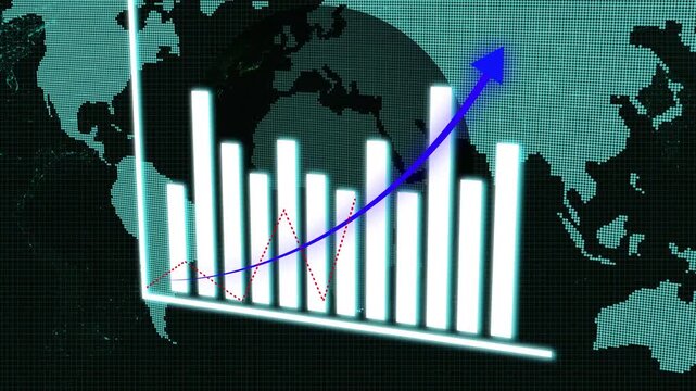 White Bar Chart with Blue Upward Arrow and Dotted Line on World Map Grid Background. Animated finance chart: white bars with blue arrow and dotted trend line over world map.