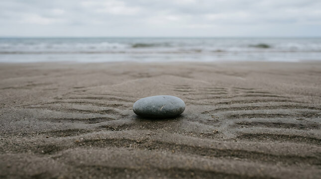 Smooth gray stone resting on wet rippled sand at the ocean shore with cloudy sky above