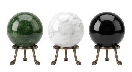 Crystal spheres on ornate metallic stands on transparent background © PNG Lab