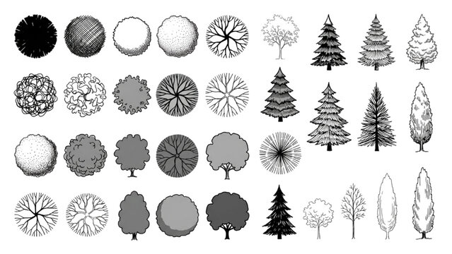 Hand Drawn Architectural Tree Symbols Vector Collection for Landscape Design Plans
