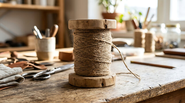 Rustic wooden spool of natural twine on a textured workbench with crafting tools nearby