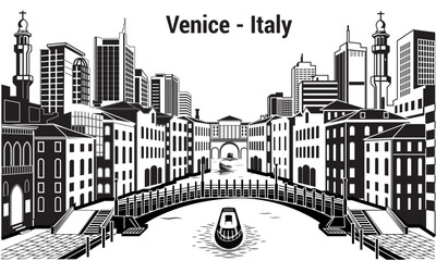 Discover a captivating black-and-white vector artwork blending historic Venetian canals with a modern skyscraper skyline, perfect for travel branding, editorial illustrations, or contemporary wall art © Storyhub