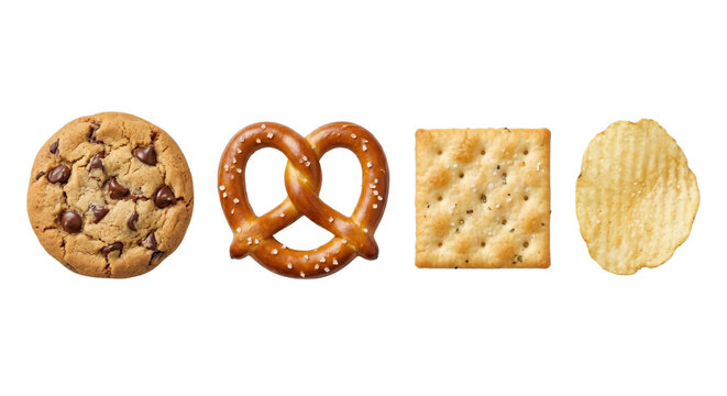 Assorted crispy snacks cracker pretzel and chip on transparent background