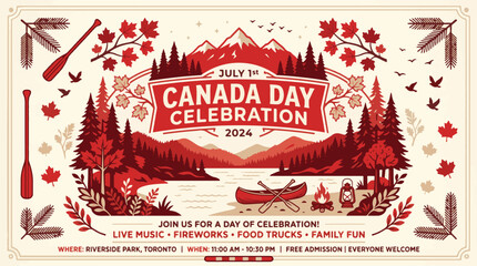 Happy Canada Day greeting card banners and icon set, hand drawn line art vector doodles of Canadian national day picnic objects, maple syrup and bunting flags © Akhi Ayra