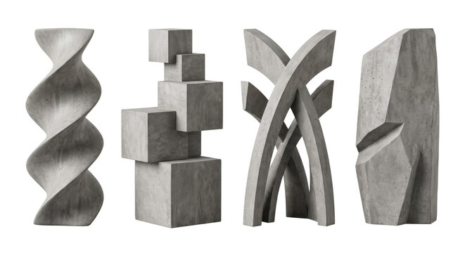 Modern brutalist concrete and stone sculptures on transparent background