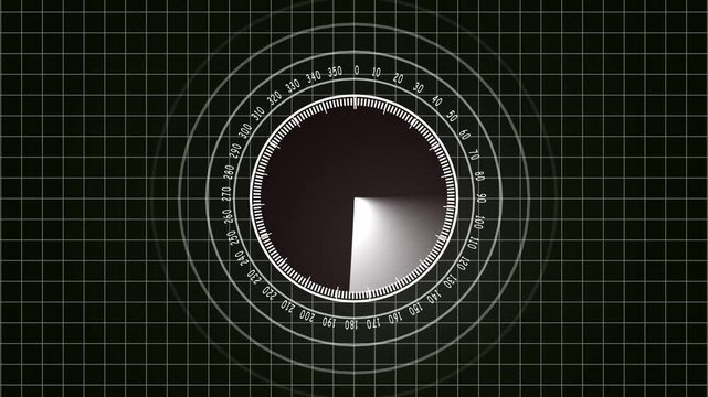 Circular Radar Screen with Degree Markings and a Sector Indicator on Dark Grid dial. High-tech radar interface featuring circular dial, degree markers, and sector indicator on screen.