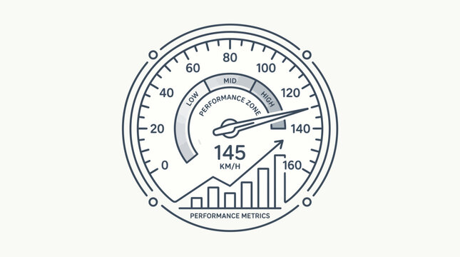 Performance metrics and speedometer illustration.