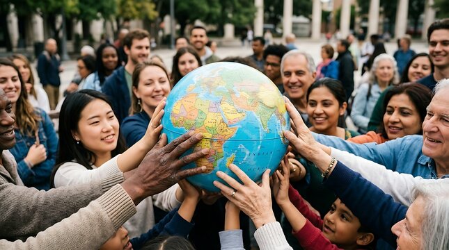 Diverse group of people holding a globe together representing unity