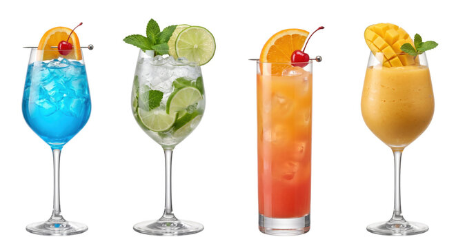 Tropical summer fruit cocktails and smoothies on transparent background