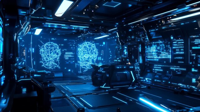 Futuristic cyberpunk interior with neon blue grid. Artificial intelligence image