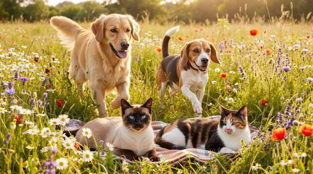 A group of dogs and cats in a field of flowers