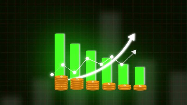 Green Bar Chart Showing Financial Decline with Stacked Coins and Upward Arrow finance. Stacked coins on green bars showing financial decline with upward arrow overlay, graph.