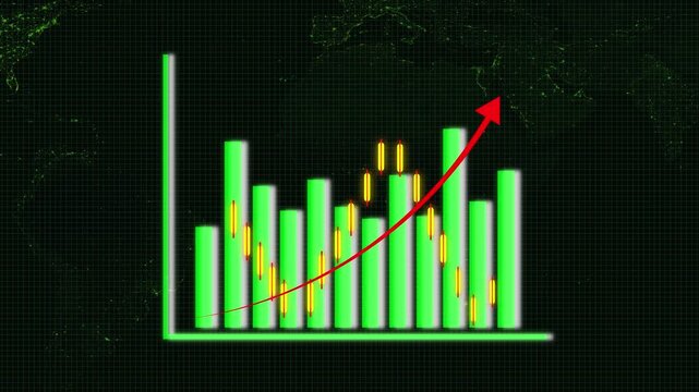 Green Bar Chart with Candlesticks and Red Upward Arrow on Grid Background with World Map Overlay. Global finance visual: green bar chart with candlesticks and rising red arrow overlay.