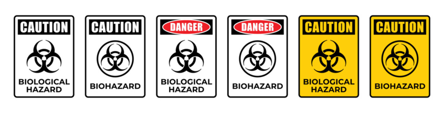 Biological Hazard caution signs set vector. Isolated Biohazard warning labels bundle on white background. Danger toxic area panels collection concept. Pandemic virus zone signage Vector illustration.