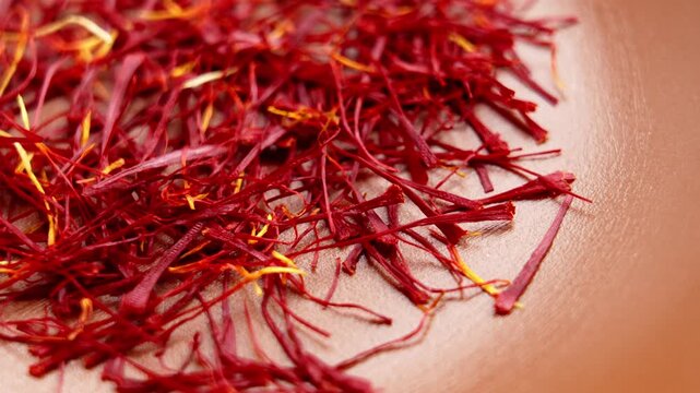 Raw saffron stigmas scattered on a brown surface. Gourmet organic aromatic spice. Rotation